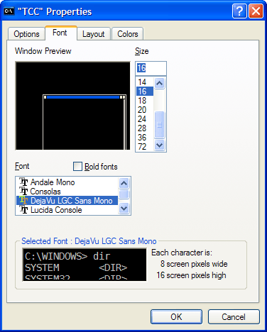 The Font page of the console properties dialog.